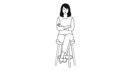 Black and white line art illustration of a woman sitting comfortably on a stool with her arms and legs crossed, exuding a poised and confident posture, ideal for minimalist designs