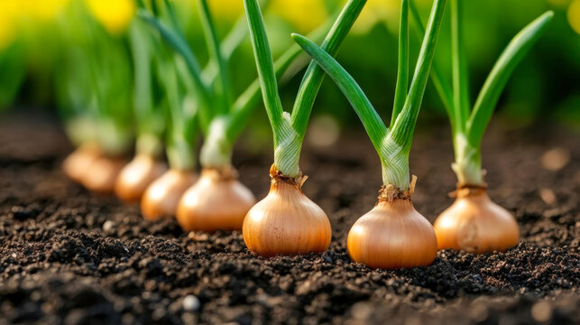 Man hands planting seeds of shallots into the ground