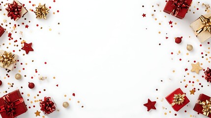 Festive christmas corner border with red gift boxes golden bows sparkling confetti and star ornaments on a white background