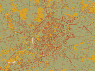 Abstract flat-design map of Radom, Poland, featuring sage/olive tone field with rust networks and ochre shapes, cream water.