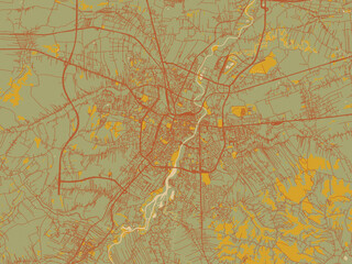 Decorative flat city map of Rzeszow, Poland using muted sage base, rust-colored roads, and soft ochre highlights.
