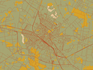 Decorative flat city map of Siedlce, Poland using earthy sage background with rust roadways and ochre details.