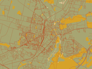 Vector-style flat map of Slupsk, Poland with earthy sage background with rust roadways and ochre details.