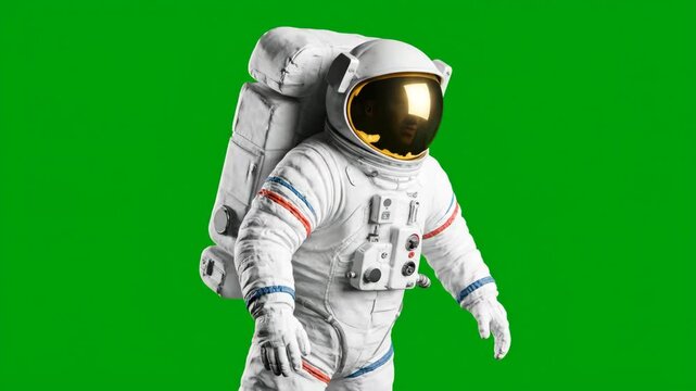 3D rendered astronaut in a white spacesuit with gold visor slowly rotating on a green screen. Space exploration and future technology concept for chromakey compositing