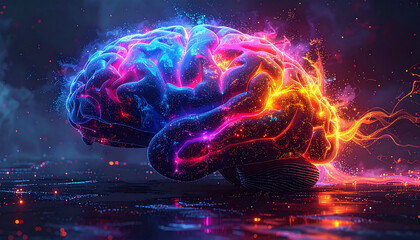 Dynamic abstract illustration of a human brain, glowing intensely with vibrant, contrasting neon colors, symbolizing complex thought, cognitive power, and the energetic processes of the mind