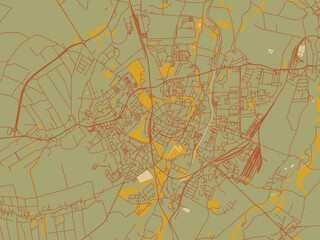 Contemporary flat map of Swidnica, Poland design with olive backdrop with warm rust street network and ochre blocks.