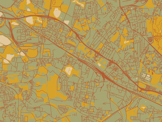 Graphic flat color map of Swietochlowice, Poland in sage green ground with rust-red roads and ochre accents.