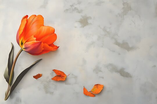 A fiery orange tulip displayed on a pale grey background, with a few scattered leaves beside it, creating a serene visual balance  - Powered by Adobe