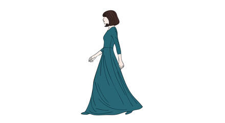 Illustration of a woman in a long teal dress walking in profile against a white background