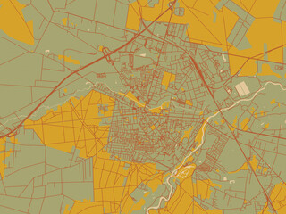 Naklejka premium Decorative flat city map of Tomaszow Mazowiecki, Poland using sage/olive tone field with rust networks and ochre shapes, cream water.