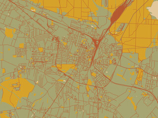 Fototapeta premium Graphic flat color map of Tarnowskie Gory, Poland in olive backdrop with warm rust street network and ochre blocks.