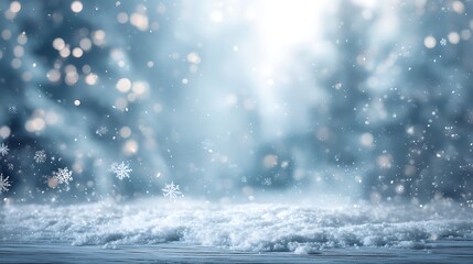 Magical winter forest scene with soft falling snow and ethereal light beams illuminating the snowy ground