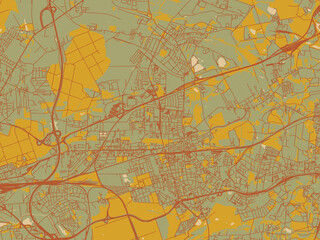 Minimalist flat city map of Zabrze, Poland with muted sage base, rust-colored roads, and soft ochre highlights.