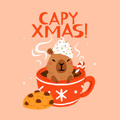 Greeting card with winter cute capybaras with New Years wreath, gift, bathing in hot water and in Christmas bow and hat. Vector illustration. Poster with kawaii animal character