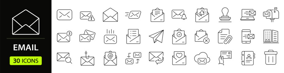 Email Web Icon Set in Line Style. Collection of E-mail and Letter Linear Icons, Including mail, envelope, email, postal, letter sent, inbox, new mail, reply and forward mail and more. Editable Stroke