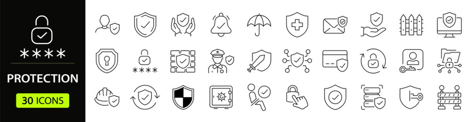 Protection Web Icon Set in Line Style. Collection of Security Linear Icons, Including defense, safe, safety and security, alarm, encryption, cybersecurity, locked, shield, guard, lock. Editable Stroke © SMUX