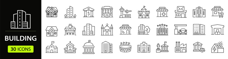 Naklejka premium Building Web Icon Set in Line Style. Collection of House Linear Icons, Including city, office, house, skyscraper, bank, school, hotel, shop, university, hospital, church, mosque, factory, architecture