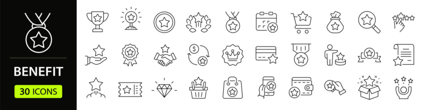 Benefit set of web icons in line style. Exclusive benefits linear icon collection. Containing reward, bonus, loyalty, star, winner, award, prize, incentive, reward  and more. Editable stroke