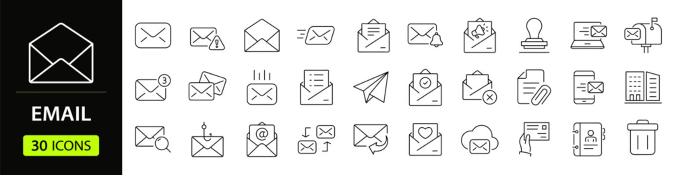Email Web Icon Set in Line Style. Collection of E-mail and Letter Linear Icons, Including mail, envelope, email, postal, letter sent, inbox, new mail, reply and forward mail and more. Editable Stroke