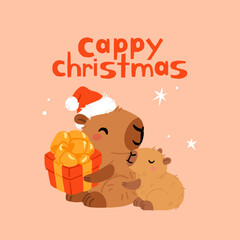 Greeting card with winter cute capybaras with New Years wreath, gift, bathing in hot water and in Christmas bow and hat. Vector illustration. Poster with kawaii animal character