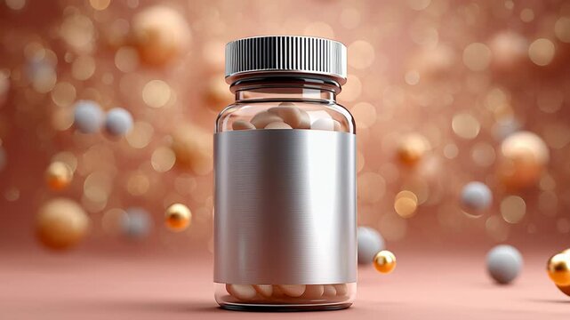 Collagen and supplement concept ,Glass bottle pill capsule medicine container with silver metallic cap and blank label for health