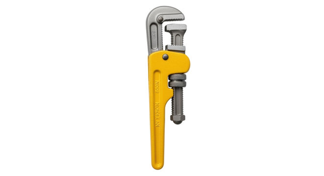 Isolated plumbing wrench with yellow handle ready to tighten pipes, isolated on a clean backdrop