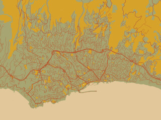 Vector-style flat map of Funchal, Portugal with earthy sage background with rust roadways and ochre details.