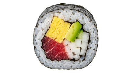 Isolated closeup of a single sushi roll made with seaweed, rice, tuna, egg, avocado, daikon radish