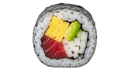 Isolated closeup of a single sushi roll made with seaweed, rice, tuna, egg, avocado, daikon radish