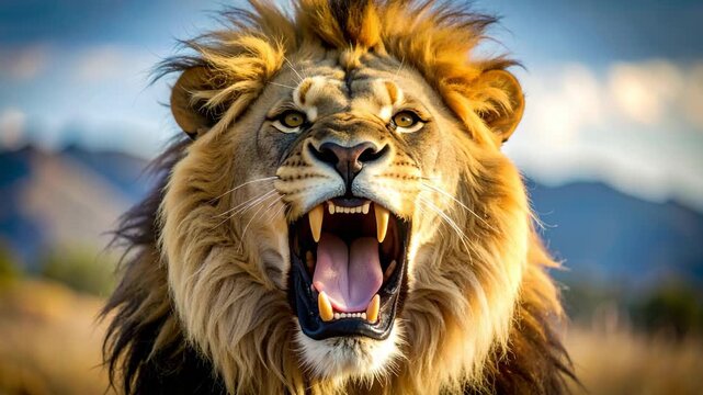 Close-up of a male lion roaring with teeth bared and a blurred grassy and mountain background showcasing the animal's power.