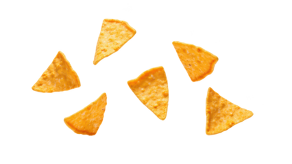 Crispy tortilla chips scattered on transparency background, perfect for snacking or party platters, adding crunchy texture to any dish