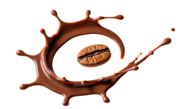 Rich chocolate splash surrounds coffee bean, creating dynamic and appetizing visual. Perfect for food and beverage themes