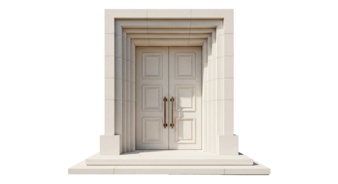 Isolated front view of a solid wood double door with ornate architectural frame detail