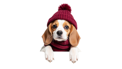 Cute beagle puppy wearing cozy red hat and sweater, exuding warmth and charm. This adorable dog is perfect for winter themed designs