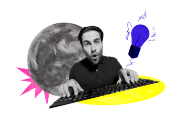 Composite photo collage of astonished guy type keypad device freelancer led light bulb idea finding moon isolated on painted background