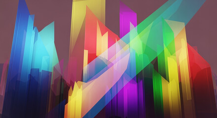 Dynamic Abstract Geometric Cityscape with Vibrant Rainbow Colors and Modern Digital Light Overlays