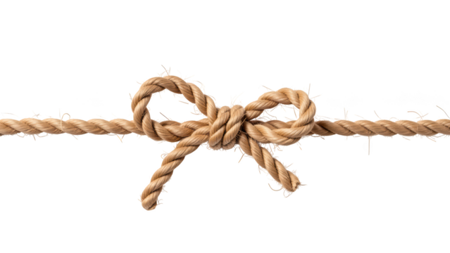 Decorative rope knot with frayed ends, showcasing natural texture and earthy tones, perfect for rustic designs