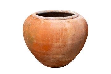 Old terracotta water jar isolated on white background. Traditional clay pottery used for water storage or garden decoration, showing rustic texture and natural earthy color. PNG File