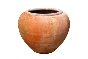 Old terracotta water jar isolated on white background. Traditional clay pottery used for water storage or garden decoration, showing rustic texture and natural earthy color. PNG File