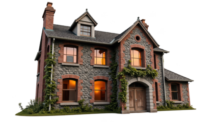 Charming stone house with warm glowing windows, surrounded by lush greenery, exuding cozy and inviting atmosphere