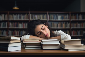 Woman student sleeping book publication university.
