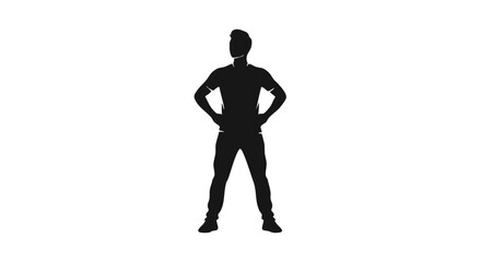 Dynamic silhouette of a confident man standing with hands on hips, exuding power and self-assurance against a clean white background, a versatile graphic for various design and communication needs