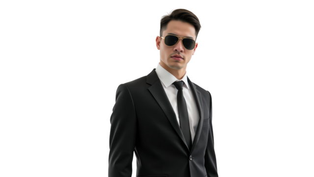 Elegant man in formal suit with sunglasses, exuding confidence and style. Perfect for business or fashion themes