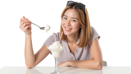 Delightful woman enjoying creamy dessert with smile, holding spoon and straw. scene captures moment of joy and indulgence