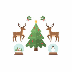Fototapeta premium Festive christmas scene vector illustration with reindeer christmas tree and snow globes