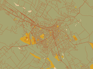 Contemporary flat map of Botosani, Romania design with muted sage base, rust-colored roads, and soft ochre highlights.