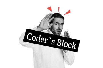 Composite trend artwork sketch photo collage of confused sad guy stand hand protect banner coders block software specialist hacking spy