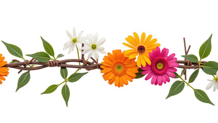 Colorful flowers arranged on vine create vibrant and cheerful decoration, perfect for adding touch of nature to any design