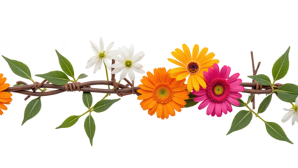 Colorful flowers arranged on vine create vibrant and cheerful decoration, perfect for adding touch of nature to any design