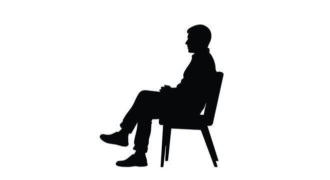 Black silhouette of a man sitting on a chair with crossed legs, isolated on a white background for concepts like waiting, rest, or contemplation